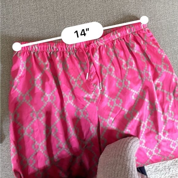 DALIA MACPHEE 2pc Satin Geo Print Pajama Top And Pants Set  in Pink and Green L - Picture 12 of 16